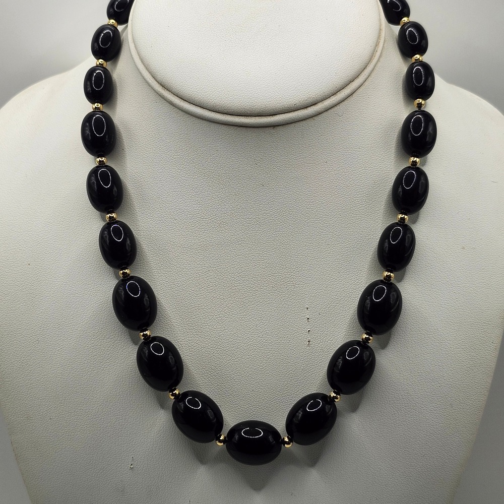 Monet Vintage‎ Black Oval Bead Necklace Gold Tone Spacer Accents Lobster Clasp